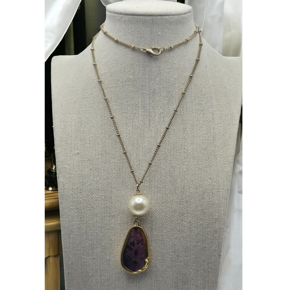 Pearl Burgundy Stone Drop Pendant Necklace Gold Tone Long Romantic Elegant